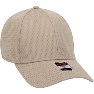 A beige 6 panel low profile baseball cap with a vented design and a logo on the front.