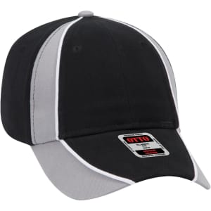 A black and grey six-panel low-profile baseball cap with a logo on the front.