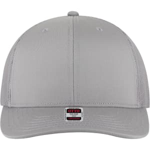 A grey 6 panel mid profile trucker cap featuring a logo on the front and air vents on the sides.