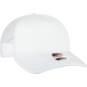 A white 5 panel low profile trucker cap with a mesh back and a small logo on the front.