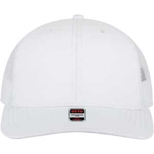A white mid-profile trucker cap with a mesh back and a branded logo on the front.