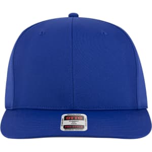 A blue 6 panel pro style snapback hat with a flat brim and a branded tag at the front.
