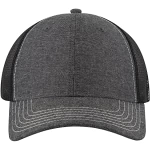 A 6-panel low profile trucker cap in grey with black mesh sides and a curved brim. It features a logo on the front.