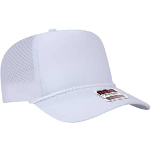 A high crown trucker hat in light grey with a mesh back and a decorative braided band. Features a logo on the front.