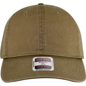 A low-profile dad cap in a muted khaki colour with a branded label on the front.