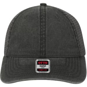 A black trucker cap with a low profile and a mesh back, featuring a branded label.