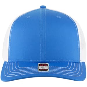 A blue 6 panel mid-profile trucker cap with a white mesh back and a labelled logo at the front.