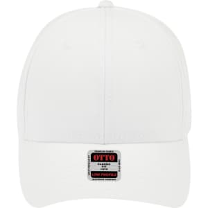 A white low profile baseball cap featuring a logo on the front. The cap has six panels for structure.