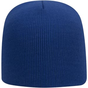 A blue knit beanie with a textured pattern and a rounded crown, featuring a logo on the side.
