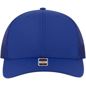 A blue Mid Profile Trucker Cap with a mesh back and a small logo tag on the front.