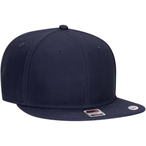 A navy blue 6-panel mid-profile snapback cap with a grey undervisor and a logo on the side.