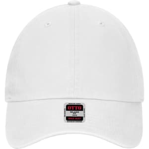 A white six-panel low profile dad cap with a logo on the front. It features ventilation eyelets and a curved brim.