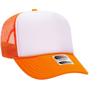 A high crown trucker cap featuring a white front panel and orange mesh back. It includes a logo on the front.
