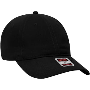 A black 6 panel low profile baseball dad cap with a logo on the side.