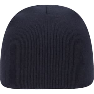 A classic knit beanie in navy blue with a smooth, ribbed texture and a round top, featuring a logo.