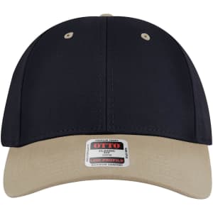 A navy and beige 6-panel low profile baseball cap with a logo on the front.