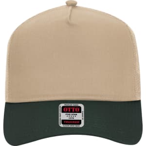 A 5-panel mid-profile trucker cap in beige with a dark green visor and a branding label on the front.