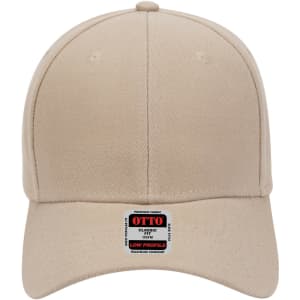 A beige 6 panel low profile baseball cap with a logo on the front.