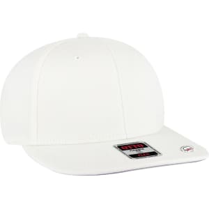 A white 6 panel mid-profile style baseball cap with a logo on the front and a flat brim.