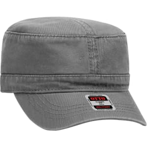 A grey military hat featuring a structured crown and a straight brim, with a logo on the side.