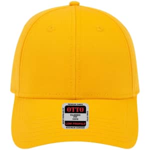 A yellow 6 panel low-profile baseball cap featuring a logo on the front.