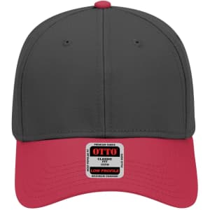 A grey and red 6 panel low profile baseball cap with a branding label on the side.