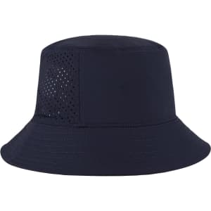 A navy bucket hat with a perforated panel and a wide brim, featuring a logo on the side.