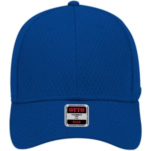 A blue 6 panel low profile baseball cap featuring a logo and a flexible fit design.
