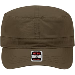 A military-style hat in olive green with a flat brim and a band around the crown, featuring a logo.
