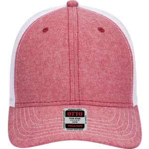 A red and white 6 panel low profile trucker cap with a mesh back and a logo on the front.