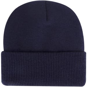 A navy blue classic knit beanie with a fold-over cuff and a logo on the side.