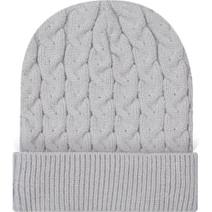 A grey cable knit beanie with a rib knit cuff. The hat has a textured pattern and a foldable brim.