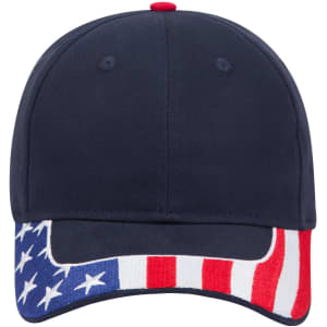 A navy blue 6 panel low profile baseball cap with a red, white, and blue striped band featuring a logo.