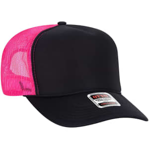 A black high crown trucker cap with a pink mesh back and a logo on the front.