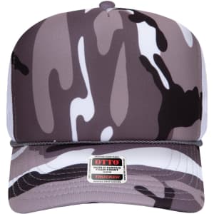 A high crown trucker cap in grey and white camouflage design with a logo on the front.