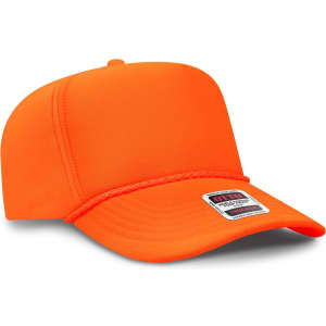 An orange 5 panel high crown full foam cap with a woven label and a structured design.