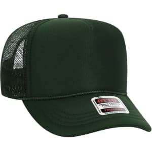 A dark green 5 panel high crown trucker cap featuring mesh sides and a logo patch on the front.