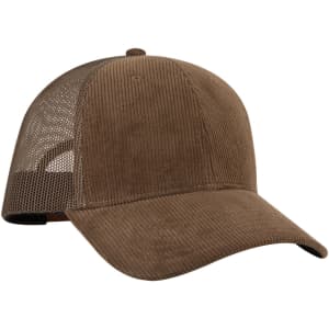 A brown 6 panel low profile trucker cap with a mesh rear and a rounded brim, featuring a logo.