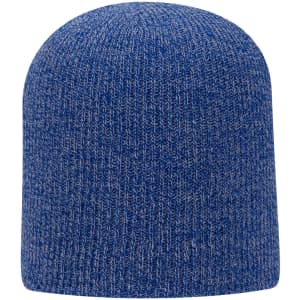 A blue rib knit beanie featuring a snug fit and a textured pattern, complete with a branding logo.