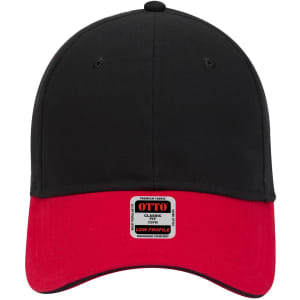 A black and red 6 panel low profile baseball cap with a logo tag on the front.