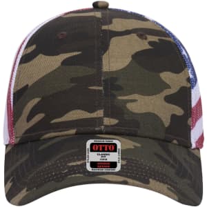 A camouflage low profile trucker cap with a mesh back and a logo label at the front.