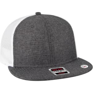 A grey trucker cap with a white mesh back and a branded patch on the side.