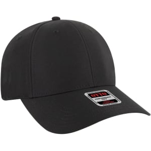 A black 6 panel low profile style baseball cap with a logo on the front.