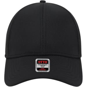 A black six-panel low profile baseball cap with a branded label on the front.