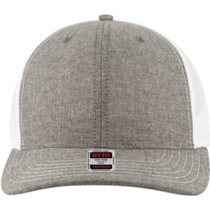A grey and white 6 panel mid profile trucker cap with a mesh back and an adjustable snap closure.