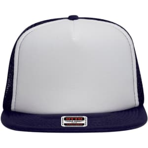 A 5 panel high crown trucker cap in white and navy, featuring a logo on the front and mesh panels on the sides.