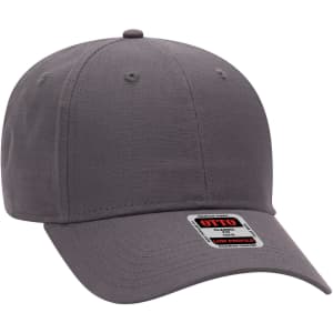 A grey 6 panel low profile baseball cap with a small logo on the front.