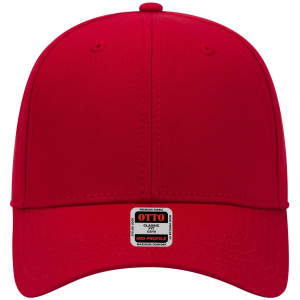 A red mid-profile baseball cap with a branded label on the front.