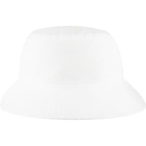 A white bucket hat with a wide brim and a simple design. It features a logo on the side.