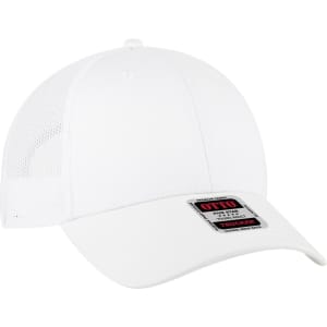 A white 6-panel low profile trucker cap with a mesh back and a logo on the front.